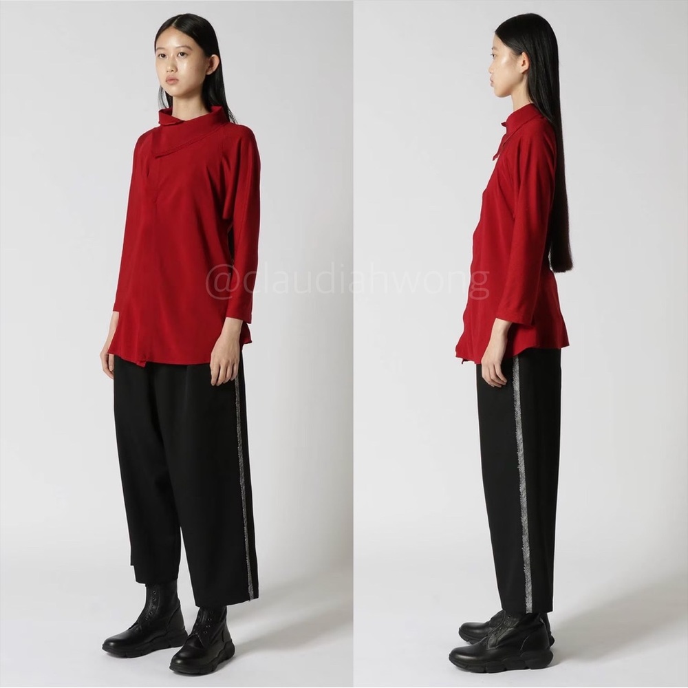 Y’S YOHJI YAMAMOTO Roll Collar Combi Blouse Shirt in Red - Picture 14 of 15
